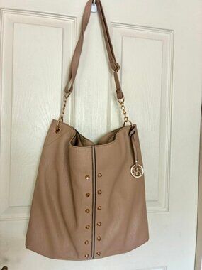Like NEW Jessica Simpson Tan Faux Leather Tote Bag with Gold-Color Metal Accents